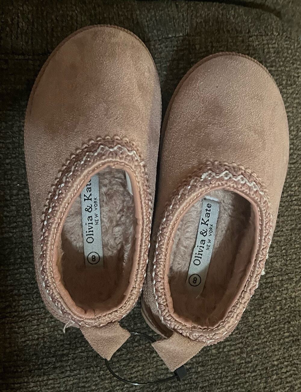 Olivia & Kate cozy Hard Bottom slippers size 8 blush pink faux suede